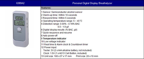De Sensor Persoonlijk Bac Tester 6389a2 van de halfgeleideralcohol met 2 X Aaa Alkalische Batterij